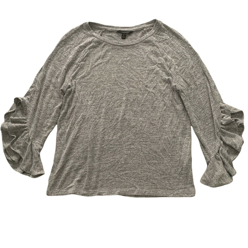 Banana Republic Womens Gray Round Neck Ruffle Sleeves Tunic Top Small Sweater